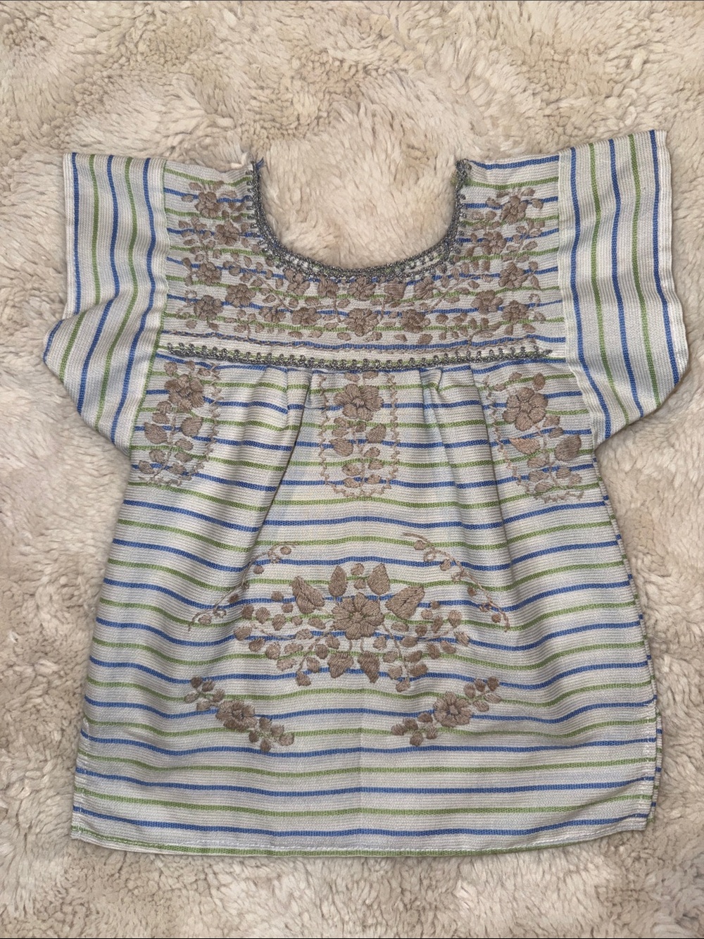 Girls' Embroidered Striped Tunic Top - Blue, Green & Cream